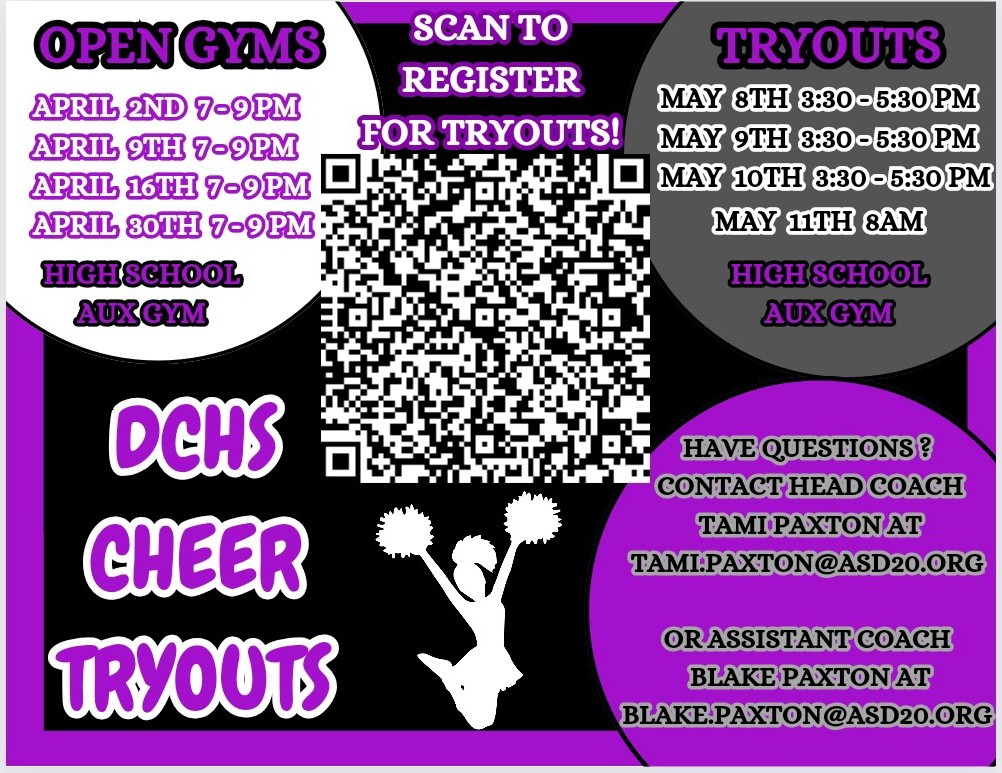 A Flyer for Cheer Tryouts. A QR code linking to registration form is shown. Registration form can be accessed through Announcement links.